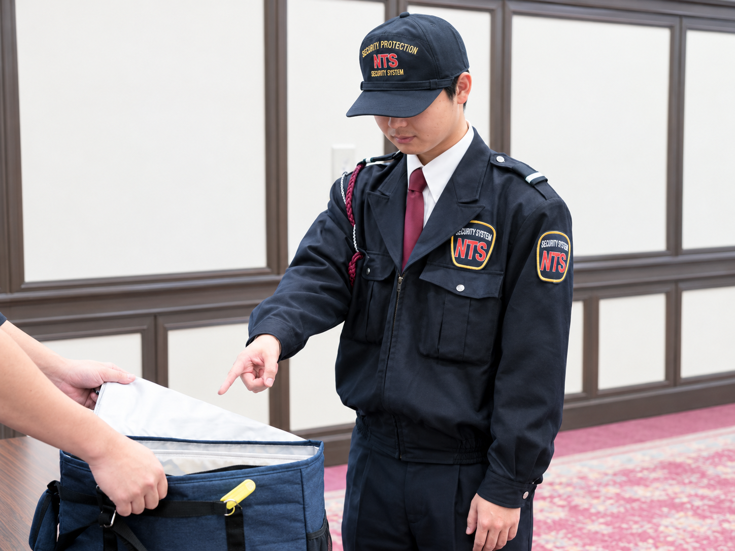 整列して研修を受ける警備員