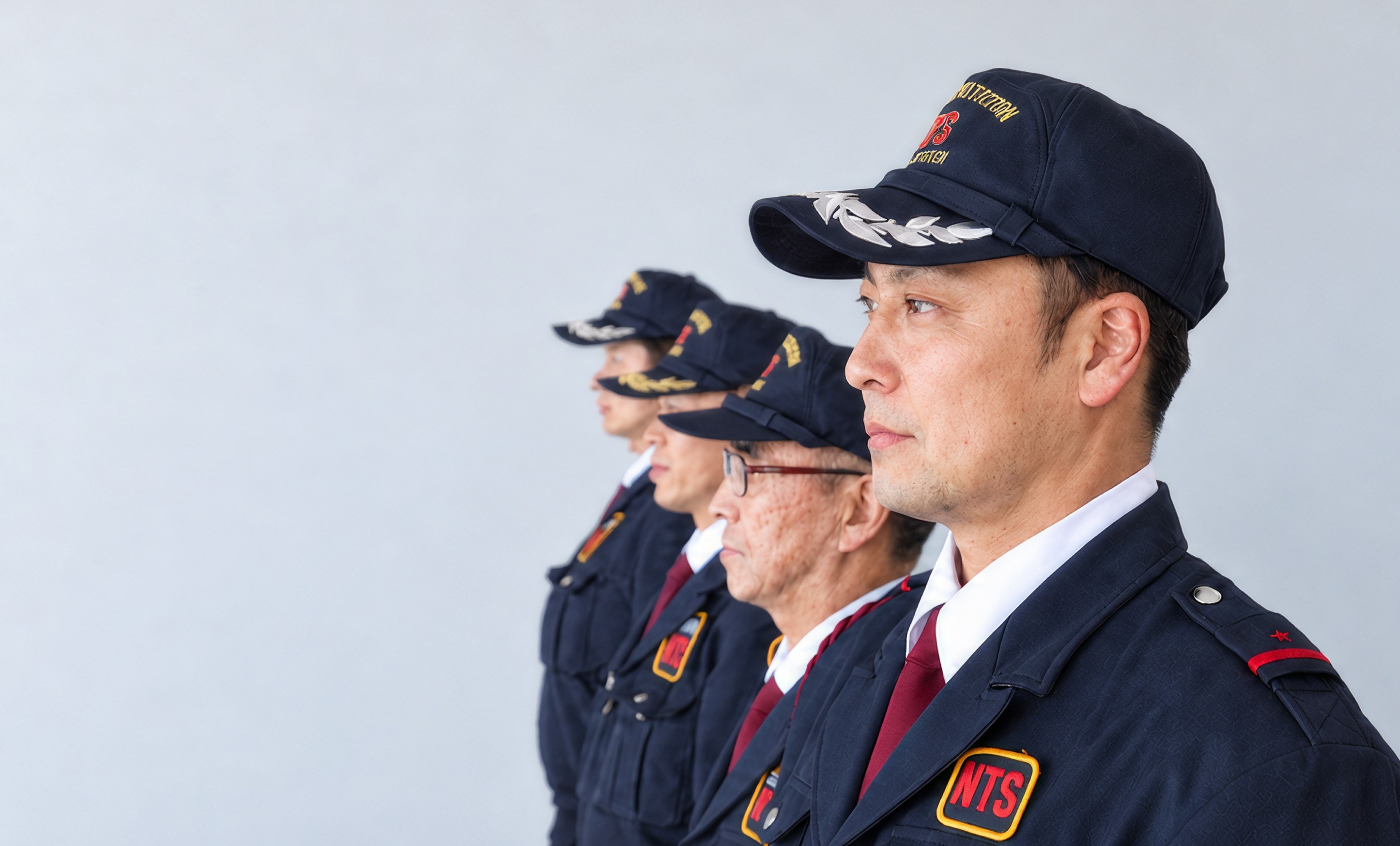 横顔を見せて並ぶ警備員